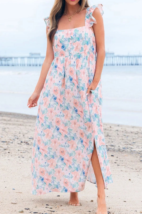 Floral Colorblock Flutter Straps Flowy Dress.