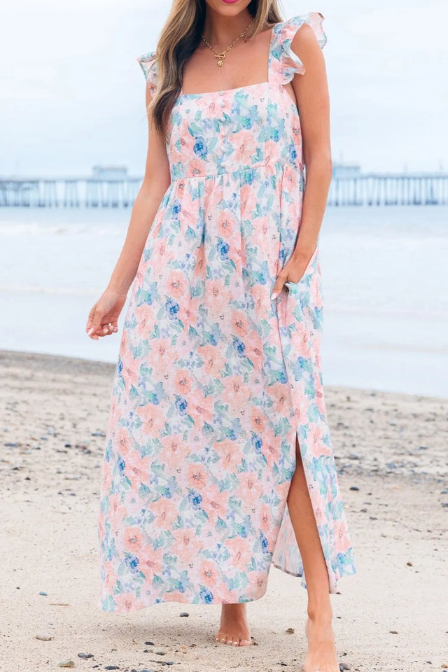 Floral Colorblock Flutter Straps Flowy Dress.