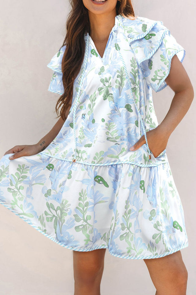 Floral Contrast Edge Layered Short Sleeve Mini Dress.