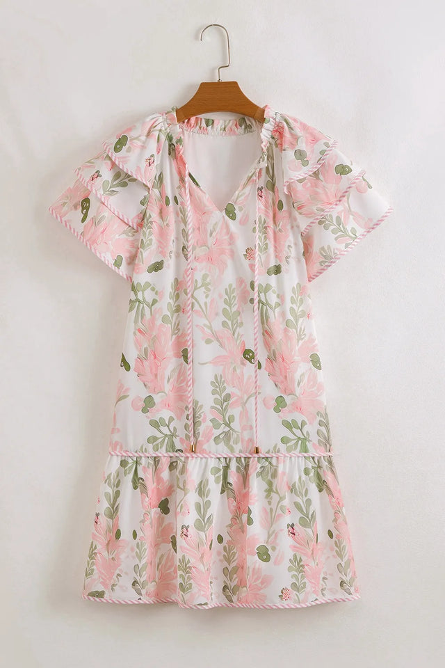 Floral Contrast Edge Layered Short Sleeve Mini Dress.