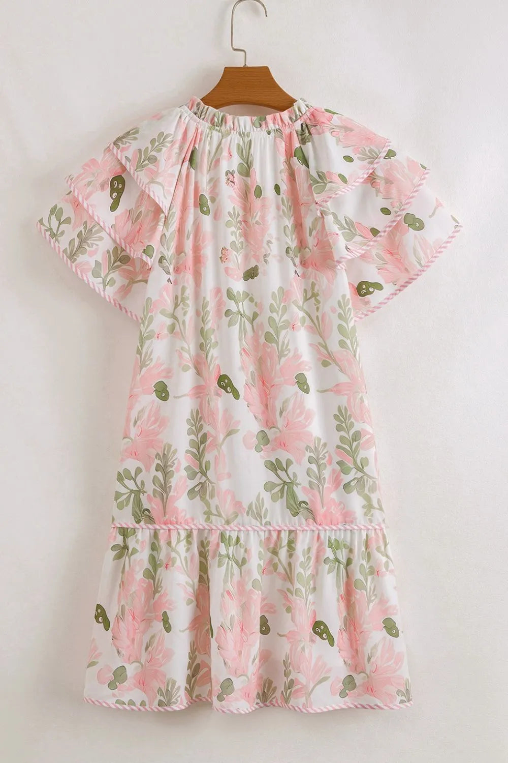 Floral Contrast Edge Layered Short Sleeve Mini Dress.