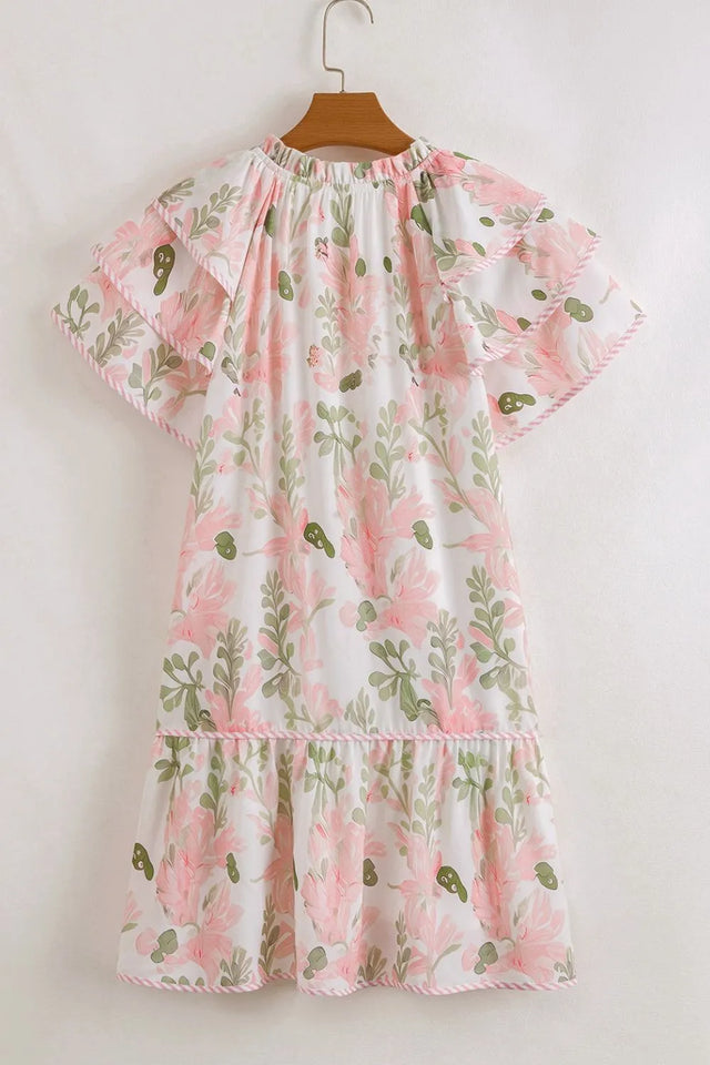 Floral Contrast Edge Layered Short Sleeve Mini Dress.