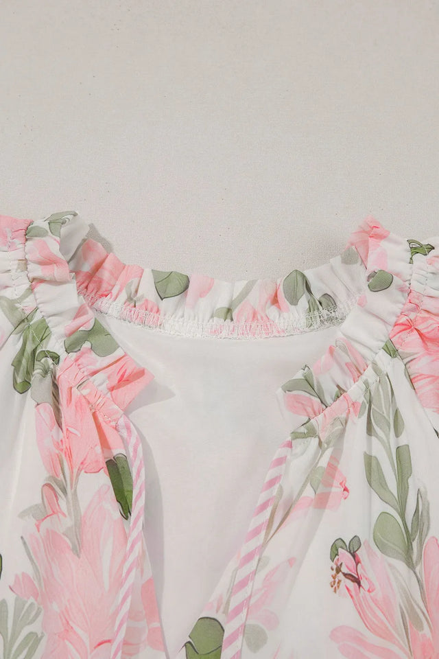 Floral Contrast Edge Layered Short Sleeve Mini Dress.