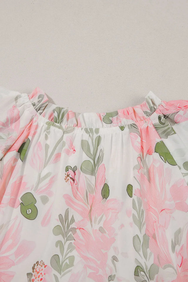 Floral Contrast Edge Layered Short Sleeve Mini Dress.