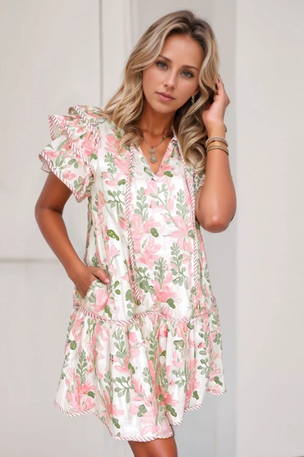Floral Contrast Edge Layered Short Sleeve Mini Dress.