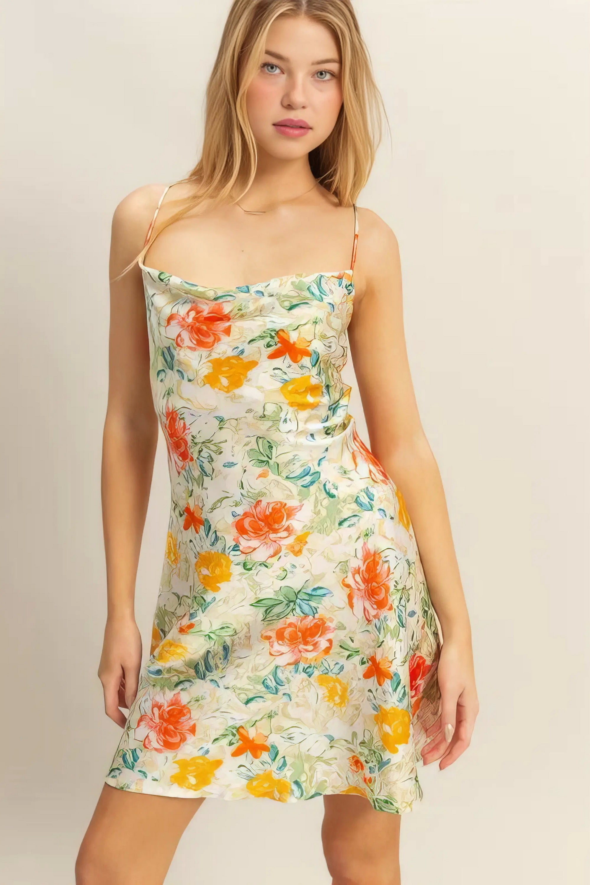 Hyfve Floral Cowl Neck Flirty Satin Mini Dress.