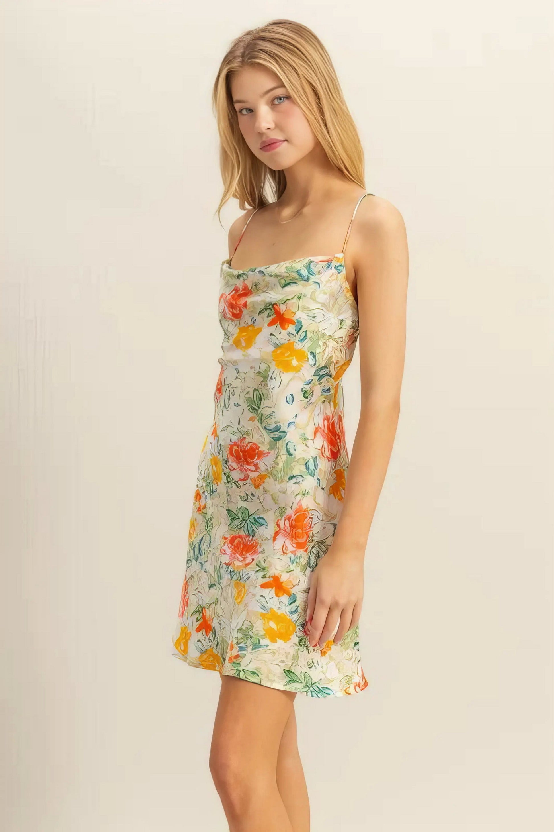 Hyfve Floral Cowl Neck Flirty Satin Mini Dress.