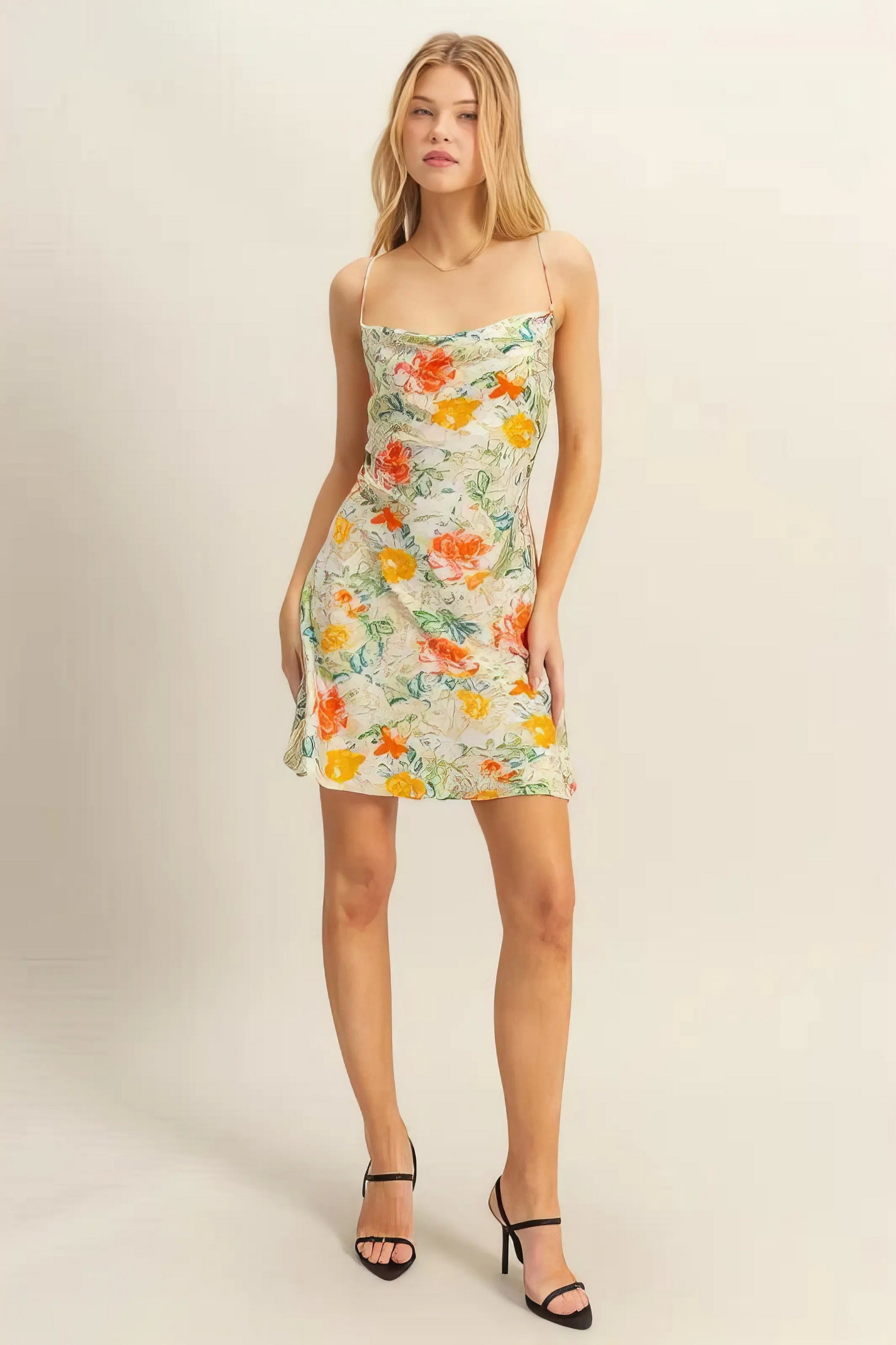Hyfve Floral Cowl Neck Flirty Satin Mini Dress.
