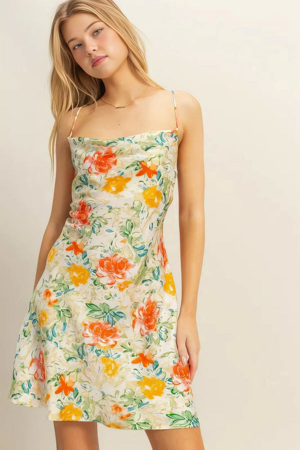 Hyfve Floral Cowl Neck Flirty Satin Mini Dress.