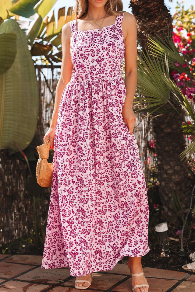 Floral Cutout Back Square Neck Maxi Dress.