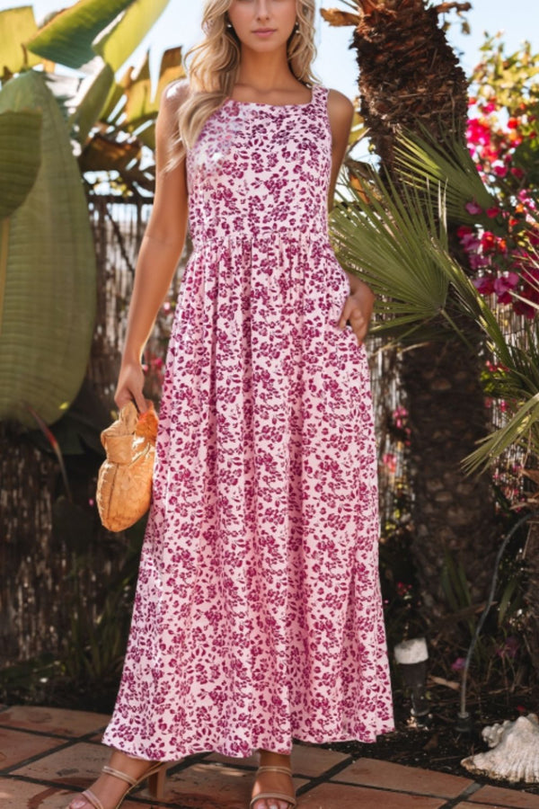 Floral Cutout Back Square Neck Maxi Dress.