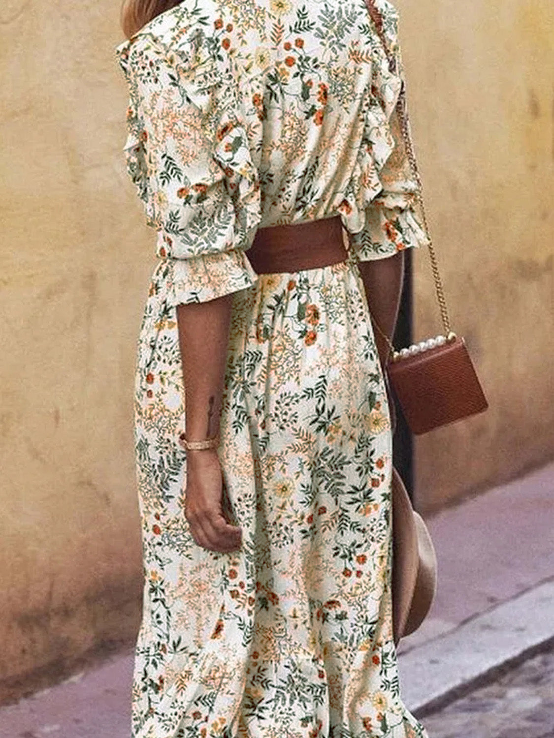 Floral Cutout Flounce Sleeve Dress.