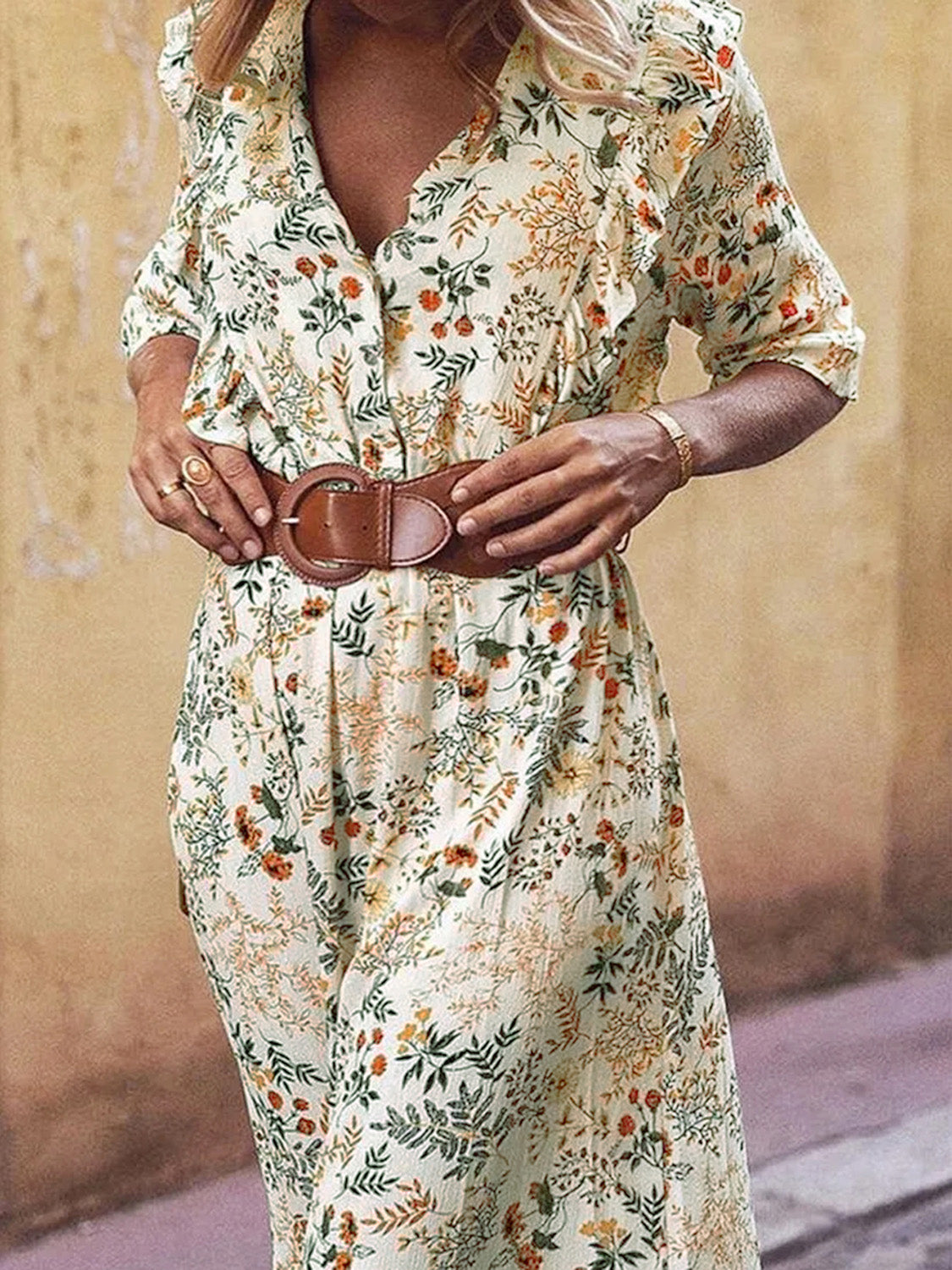 Floral Cutout Flounce Sleeve Dress.