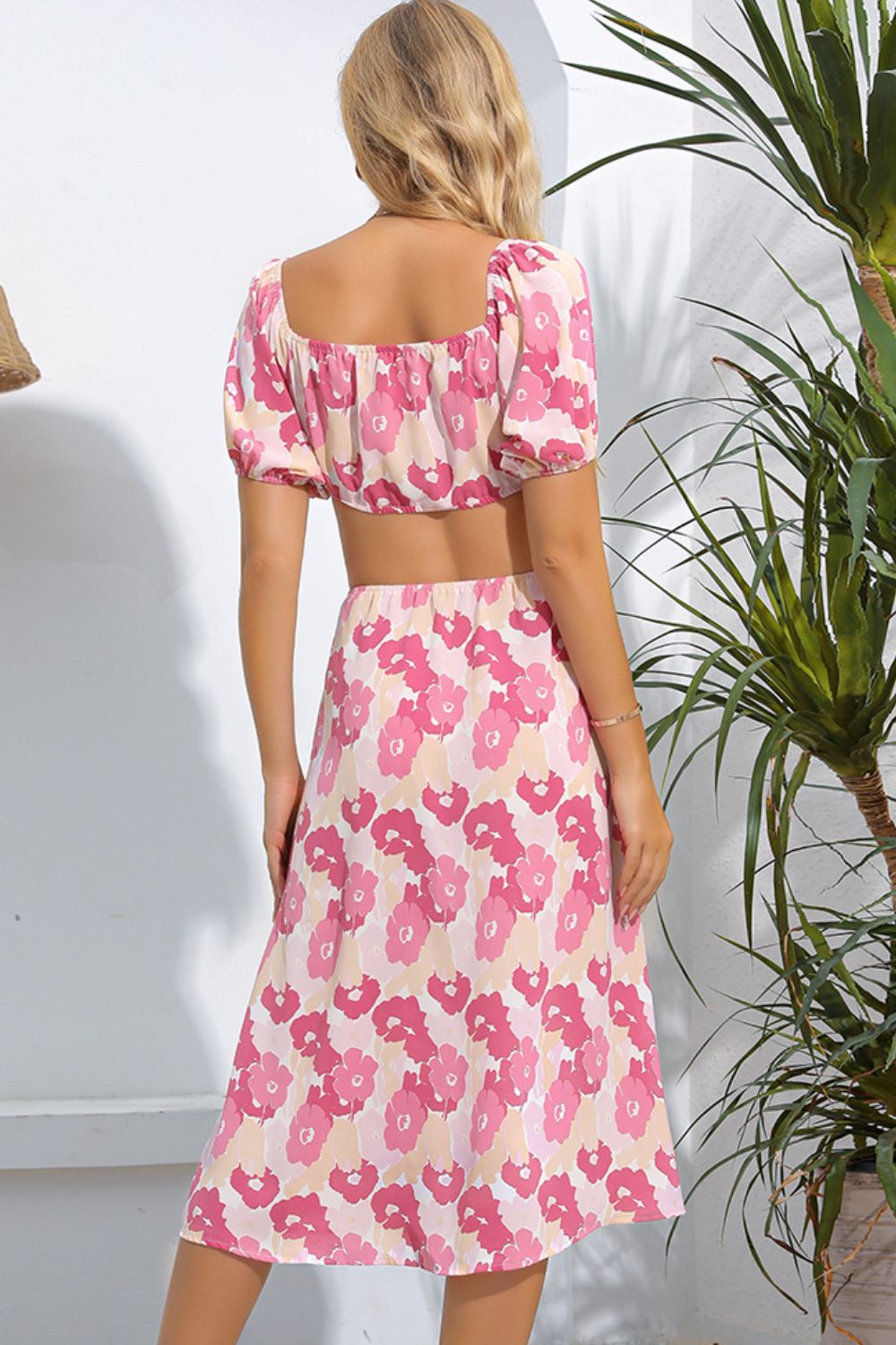 Floral Cutout Square Neck Puff Sleeve Midi Dress.