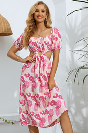 Floral Cutout Square Neck Puff Sleeve Midi Dress.