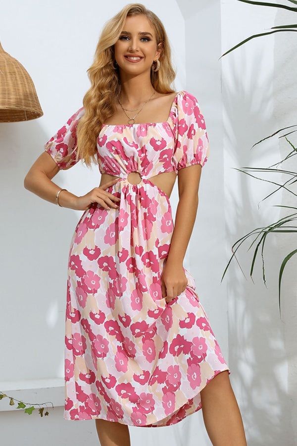 Floral Cutout Square Neck Puff Sleeve Midi Dress.