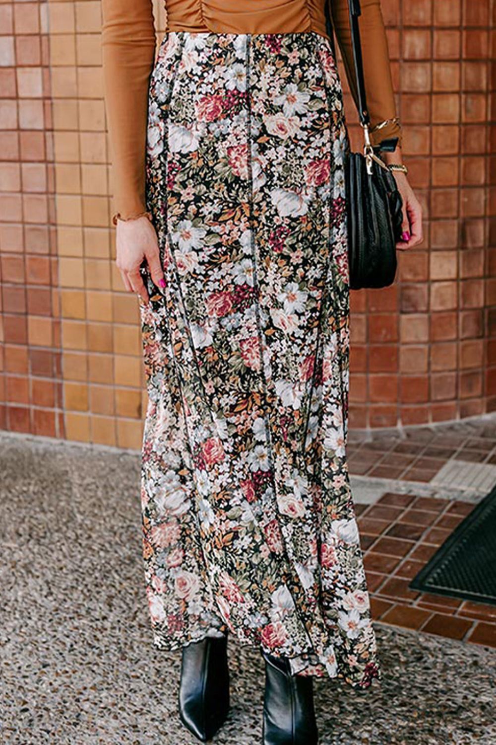 Floral Elastic Waist Maxi Skirt.