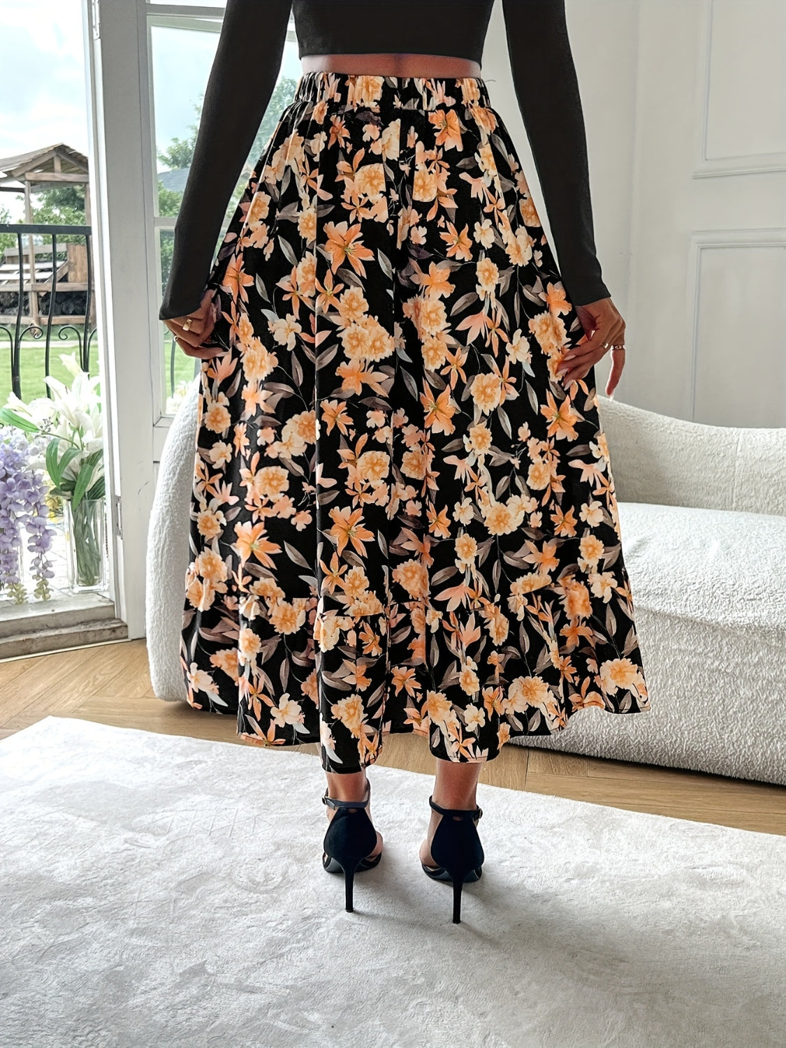 Floral Elastic Waist Midi Skirt.