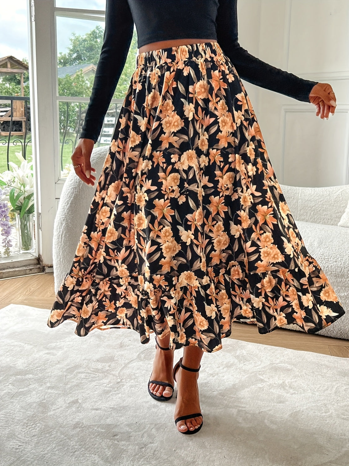 Floral Elastic Waist Midi Skirt.