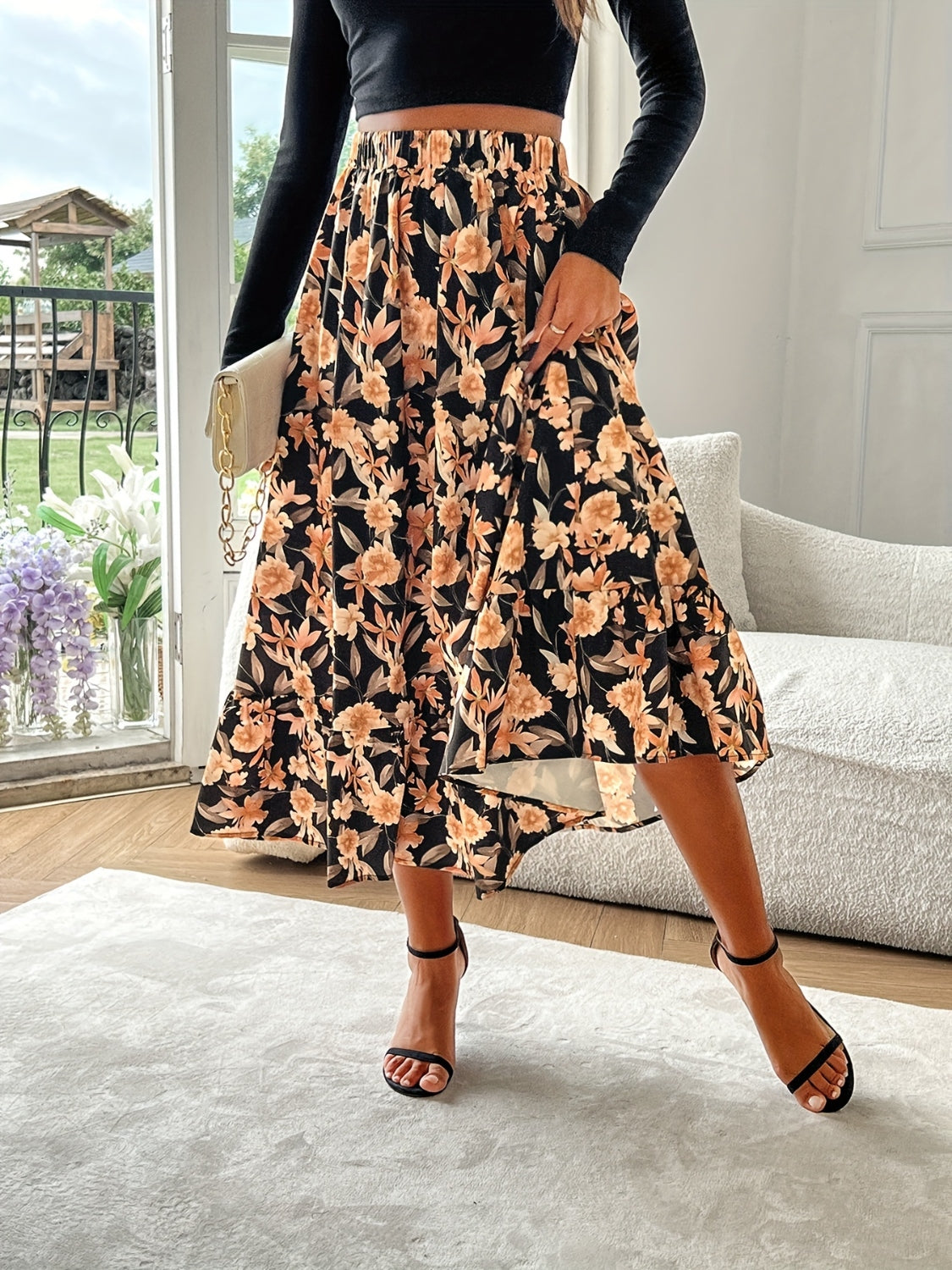 Floral Elastic Waist Midi Skirt.