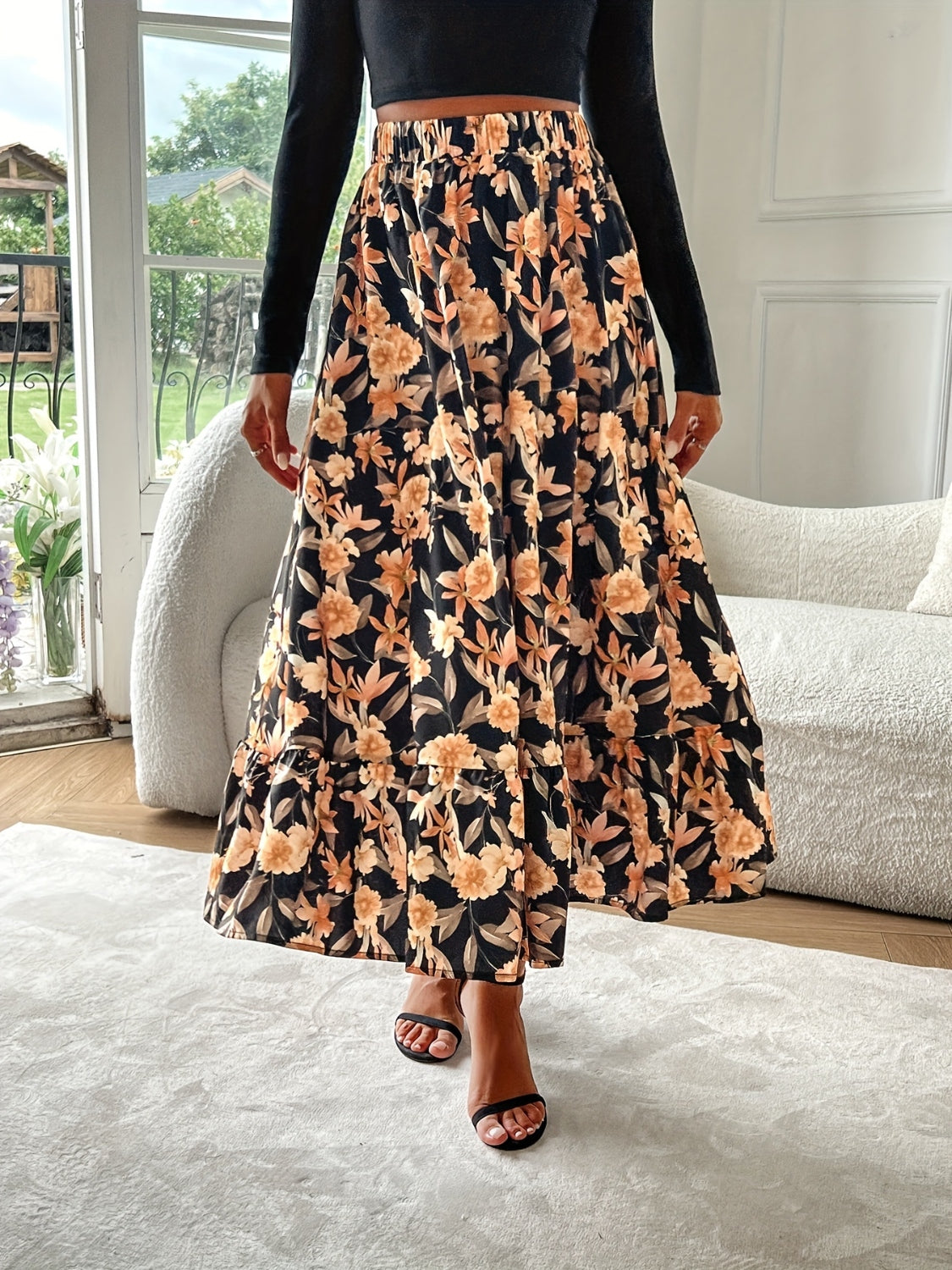 Floral Elastic Waist Midi Skirt.