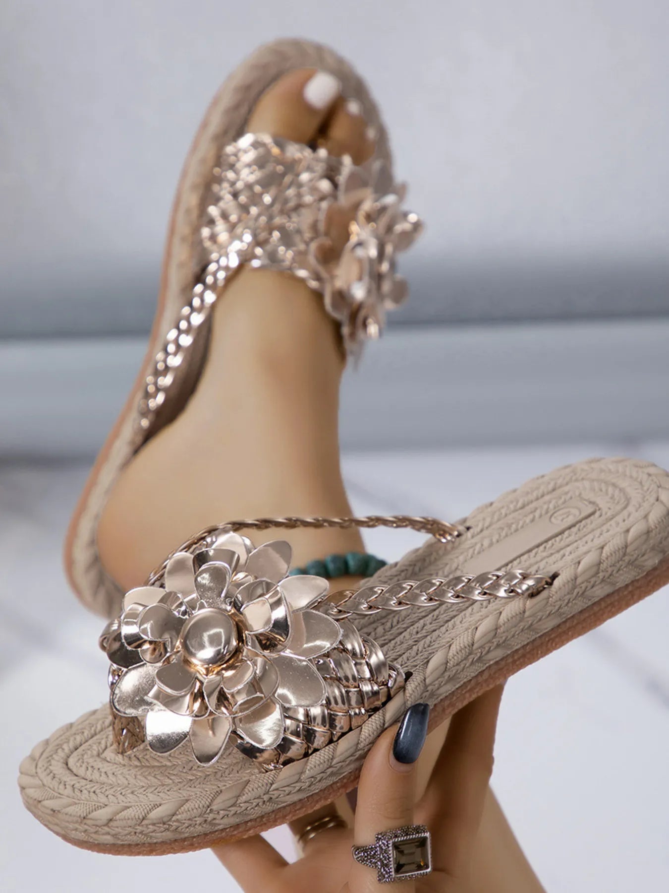 Floral embellished comfort slide sandals.