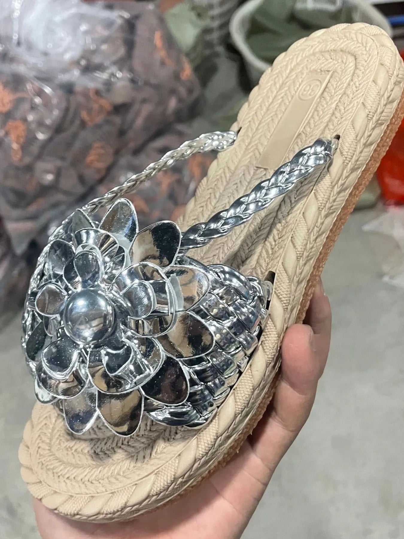 Floral embellished comfort slide sandals.