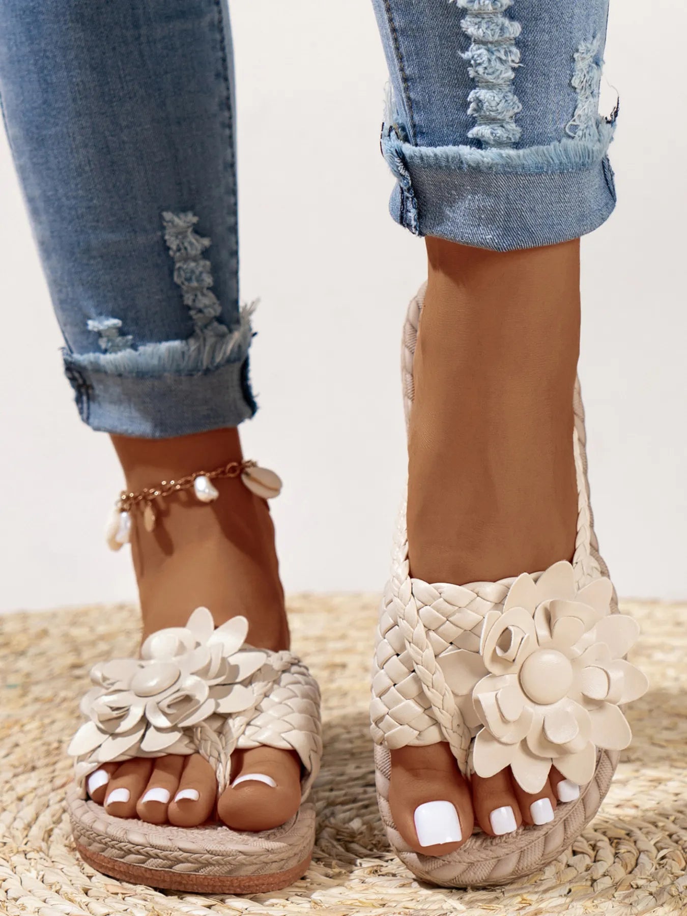Floral embellished comfort slide sandals.