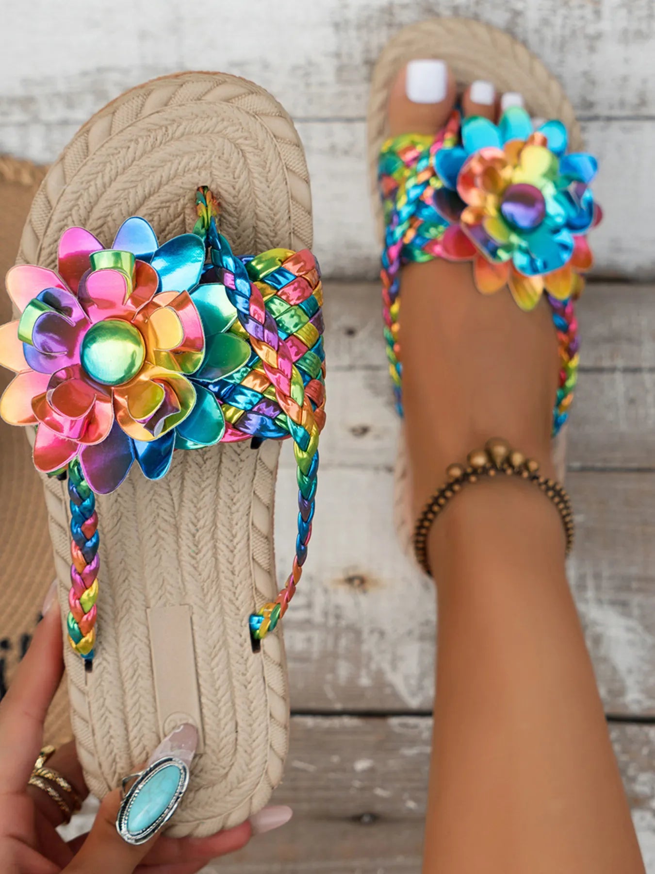 Floral embellished comfort slide sandals.