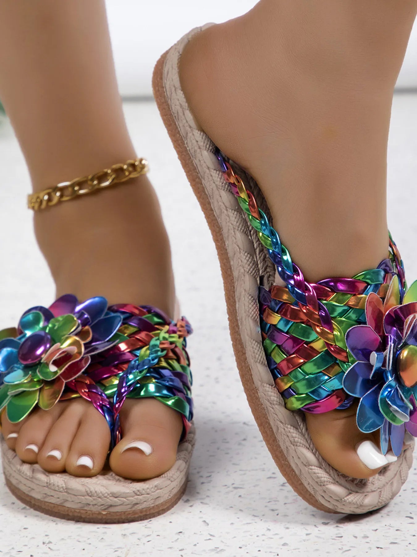 Floral embellished comfort slide sandals.