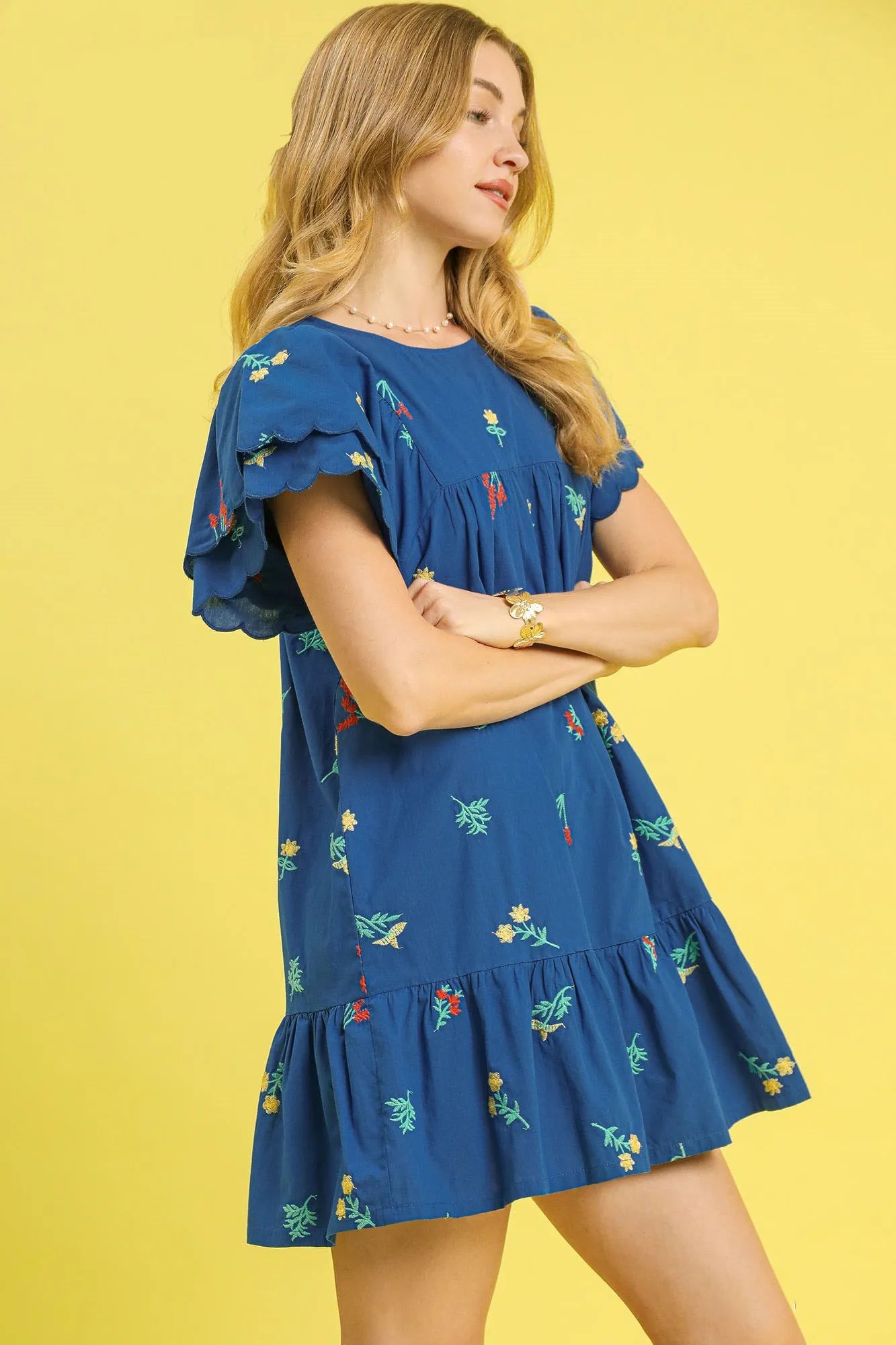 Floral Embroidered Short Sleeve Mini Dress - Ruched.