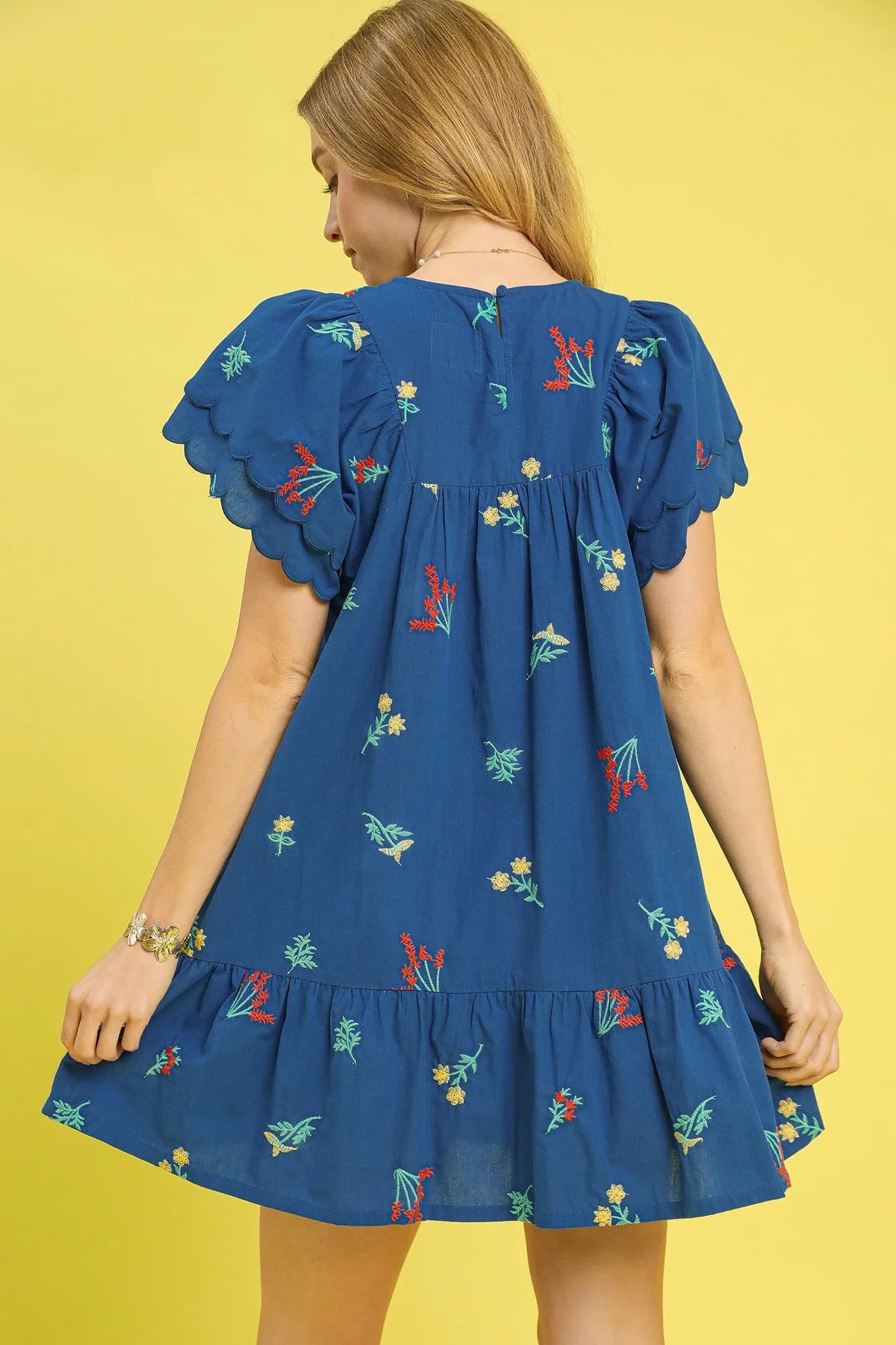 Floral Embroidered Short Sleeve Mini Dress - Ruched.