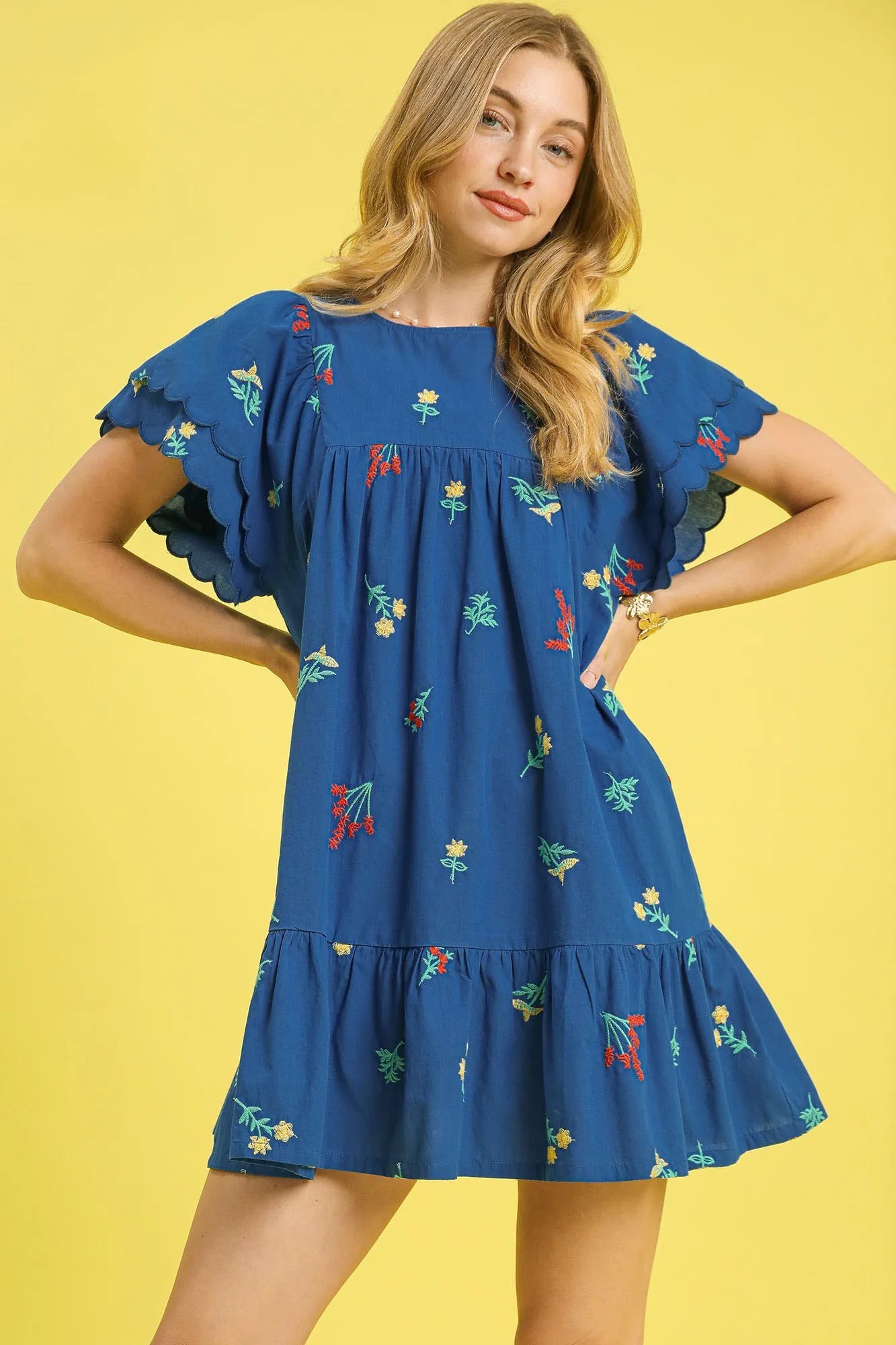 Floral Embroidered Short Sleeve Mini Dress - Ruched.