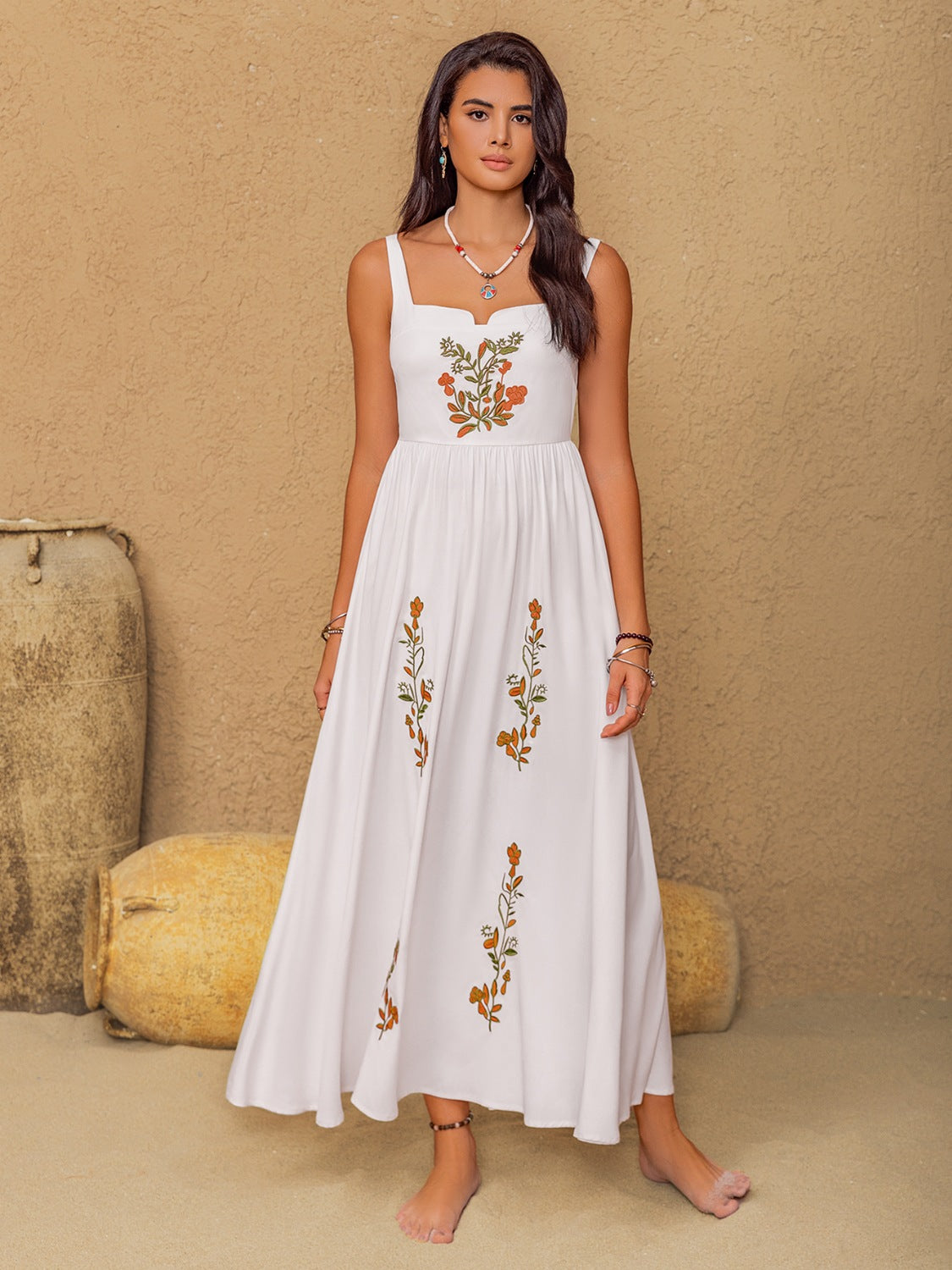 Floral Embroidered Sleeveless Maxi Dress.