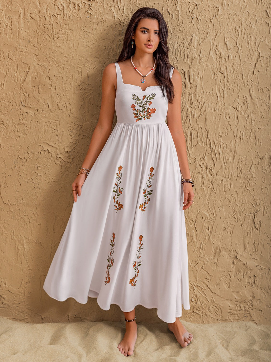 Floral Embroidered Sleeveless Maxi Dress.