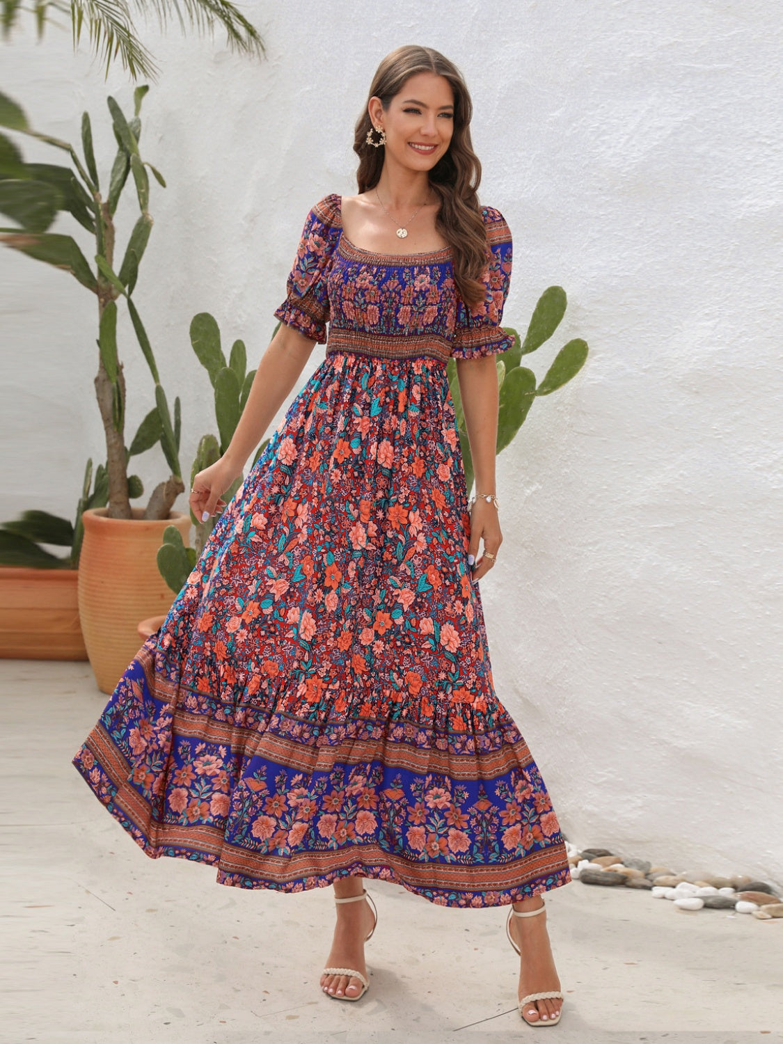 Floral Flounce Sleeve Midi Dress.