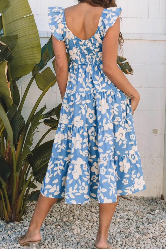 Floral Print Tiered Frilled Trim Flutter Sleeve Dress.