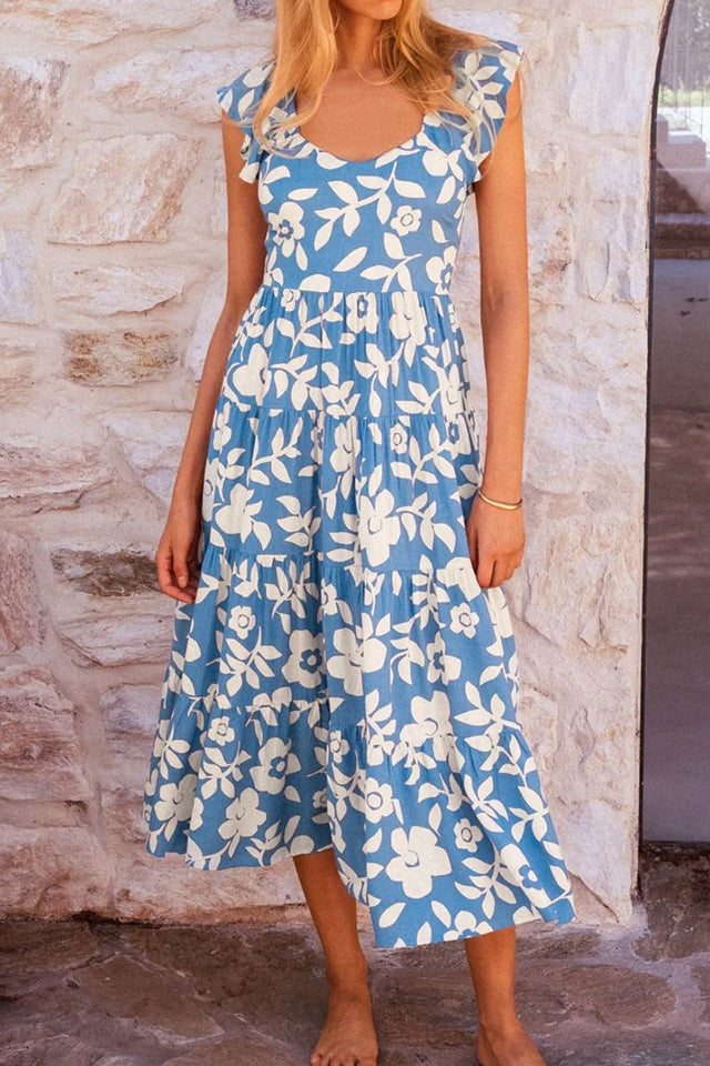 Floral Print Trimmed V Neck Tie Waist Sleeveless Dress.