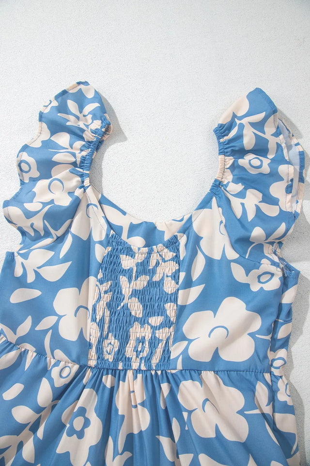 Floral Print Zip Collar Drawstring Summer Mini Dress.