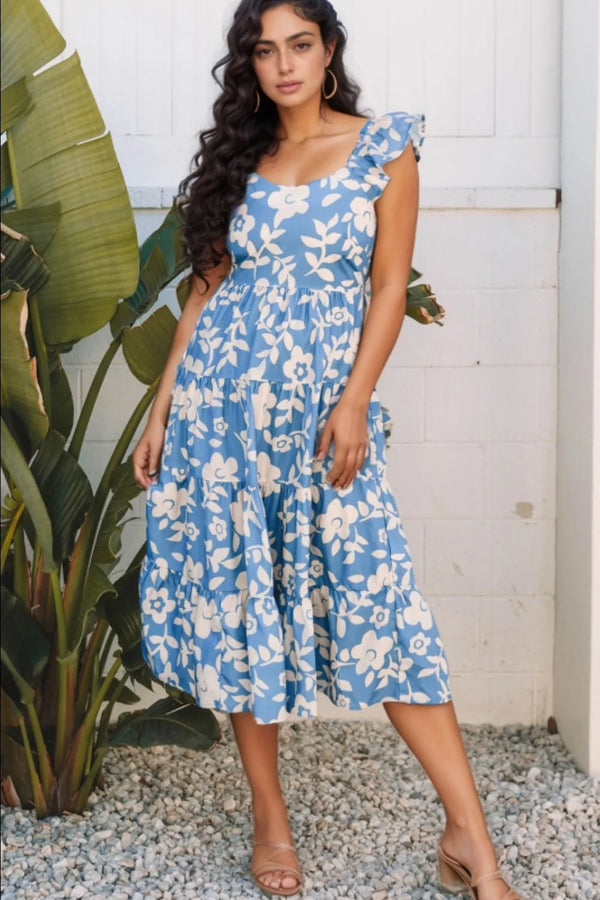 Floral Flutter Shoulder Tiered Flowy Midi Dress.