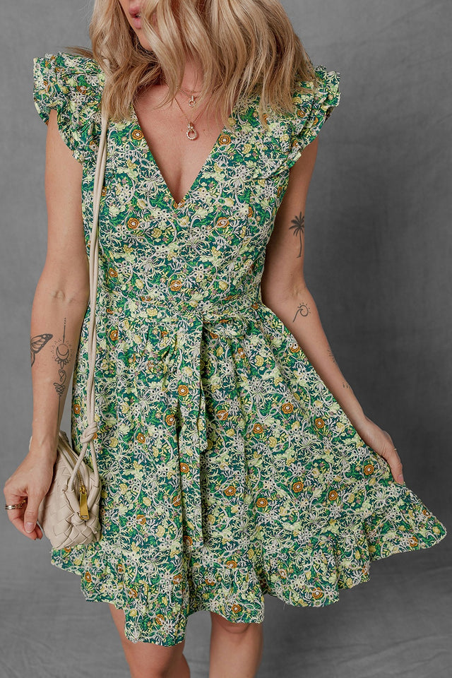 Floral Flutter Sleeve V-Neck Sashed Ruffled Mini Dress.