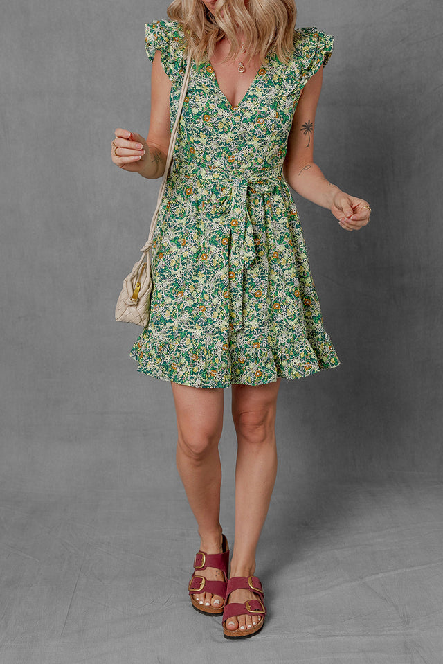 Floral Flutter Sleeve V-Neck Sashed Ruffled Mini Dress.