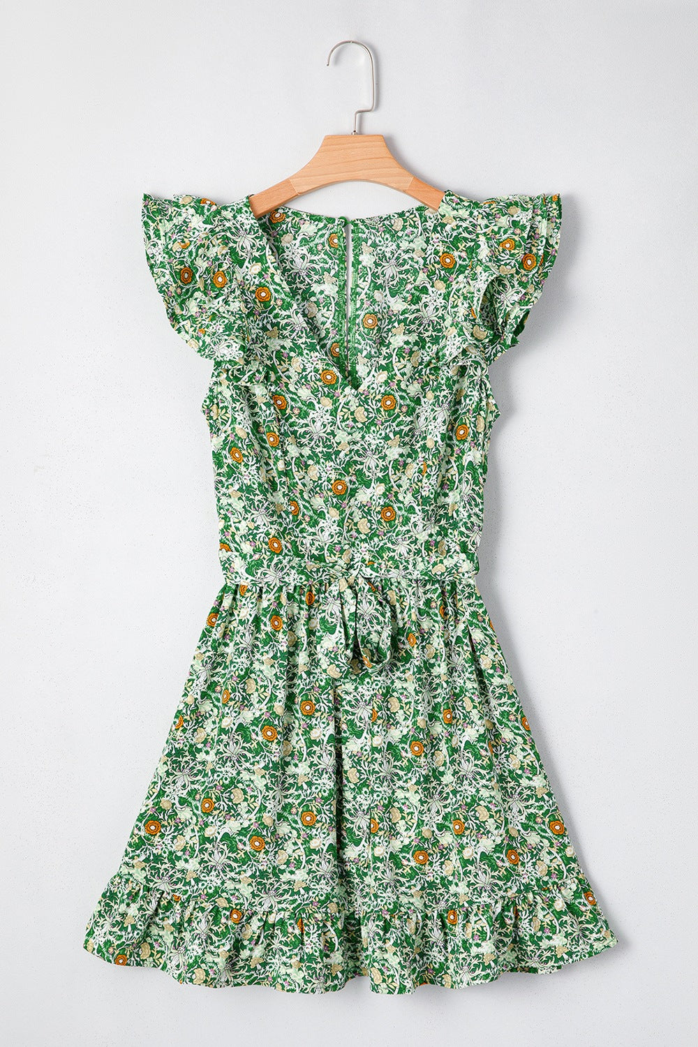 Floral Flutter Sleeve V-Neck Sashed Ruffled Mini Dress.