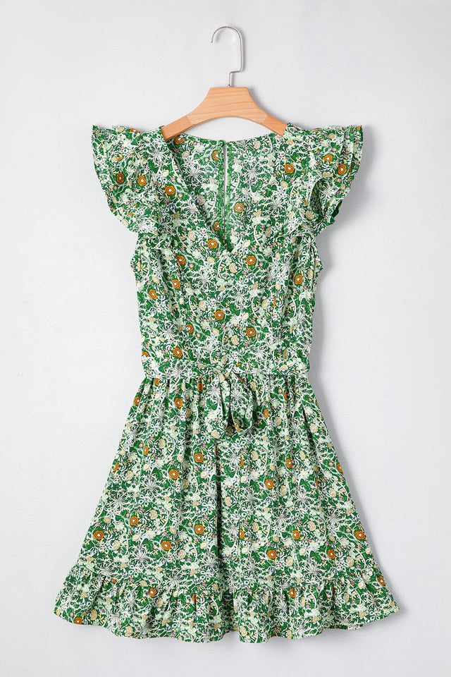 Floral Flutter Sleeve V-Neck Sashed Ruffled Mini Dress.