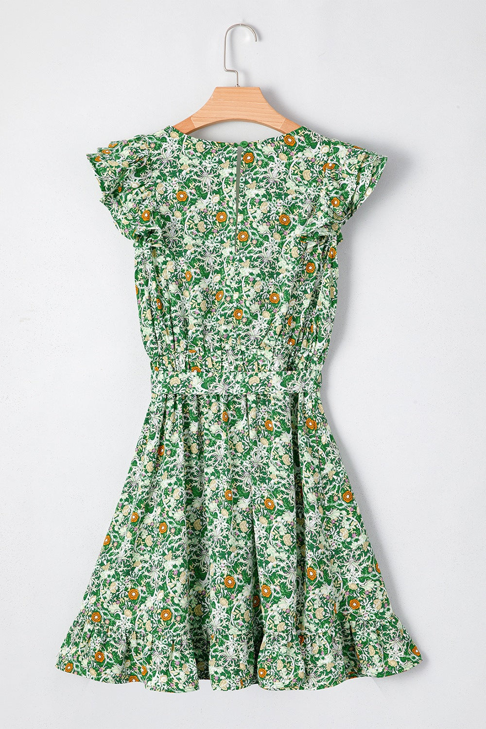Floral Flutter Sleeve V-Neck Sashed Ruffled Mini Dress.