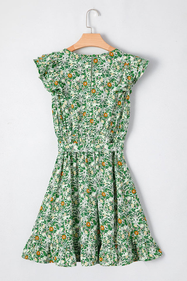Floral Flutter Sleeve V-Neck Sashed Ruffled Mini Dress.
