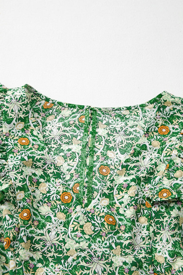 Floral Flutter Sleeve V-Neck Sashed Ruffled Mini Dress.