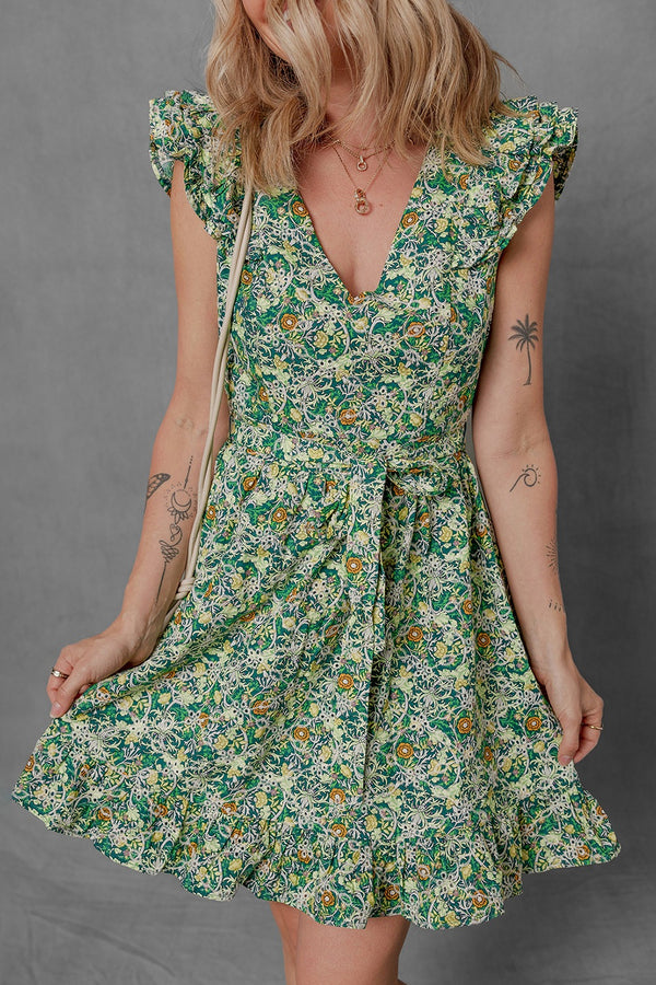 Floral Flutter Sleeve V-Neck Sashed Ruffled Mini Dress.
