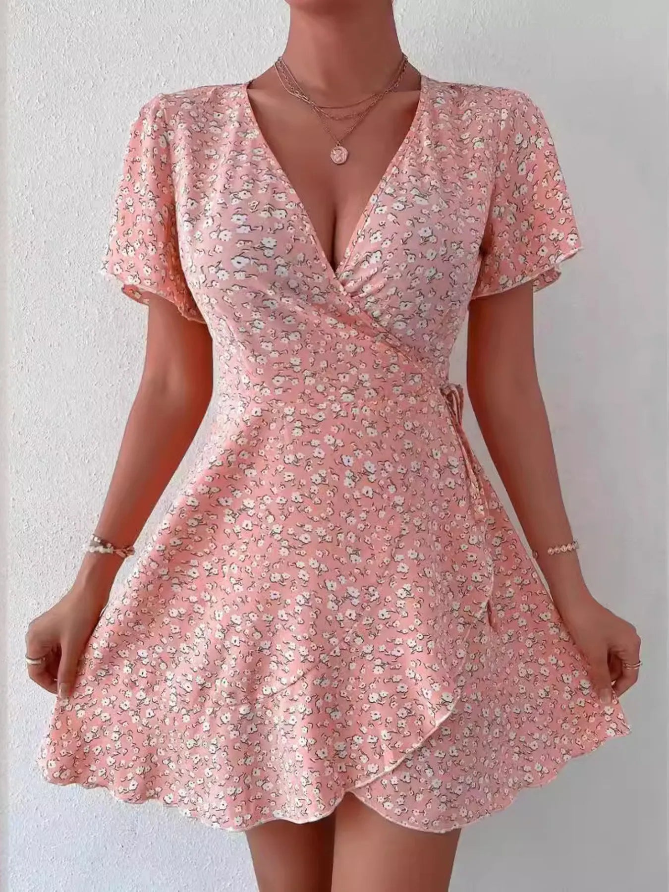 Floral Flutter Sleeve Wrap Mini Dress.