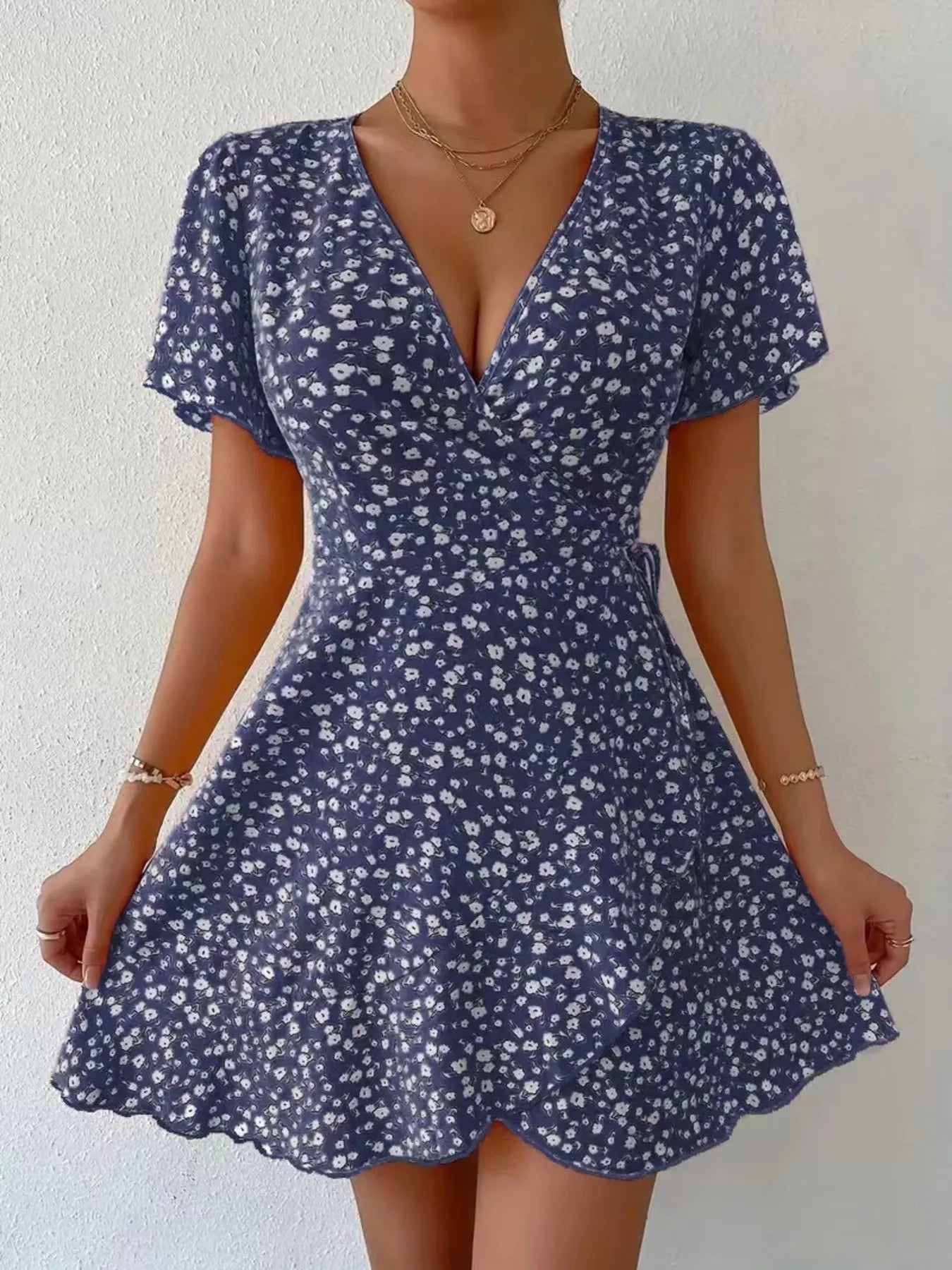 Floral Flutter Sleeve Wrap Mini Dress.